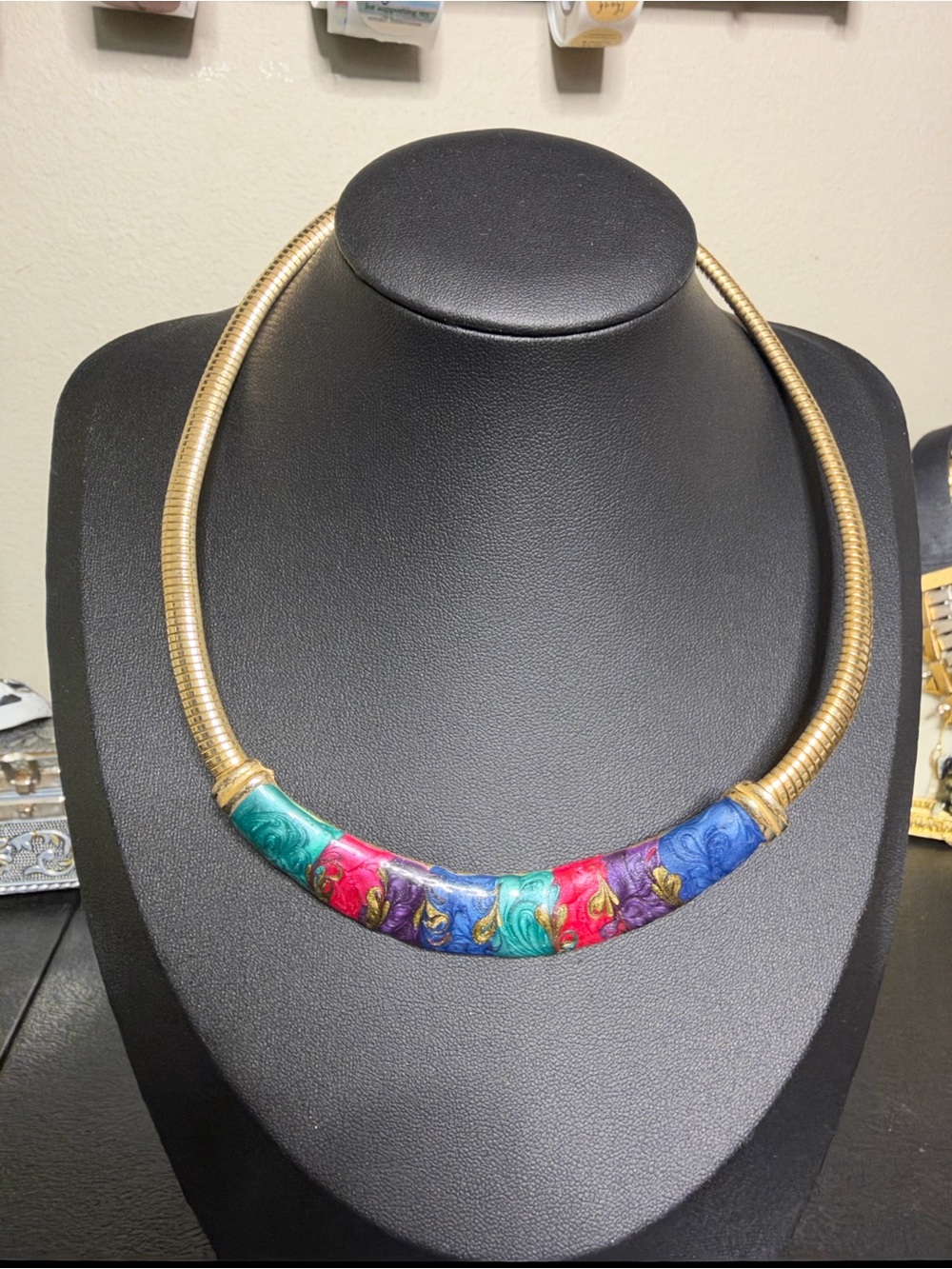 Vintage Multicolor Enamel Tube Collar Necklace - Gold Tone